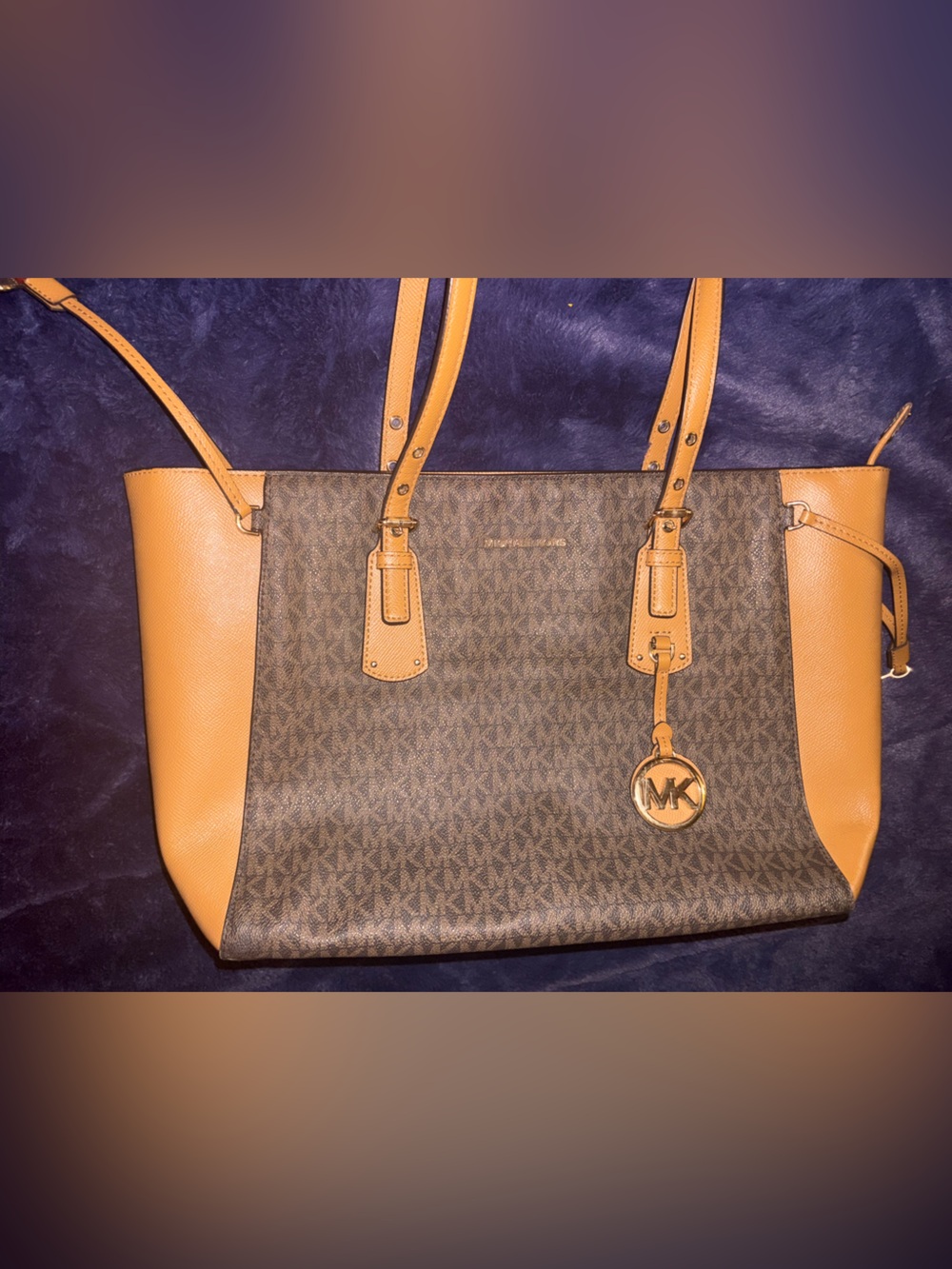 Michael Kors Brown MK Logo Tote with Tan Leather Trim